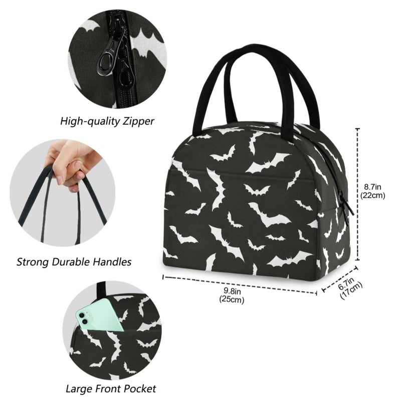 ZzWwR Stylish Bats Halloween Pattern Reusable Lunch Tote Bag with Front Pocket Zipper Closure Insulated Cooler Container Bag for Man Women Work Picnic Travel Beach Fishing - Image 3